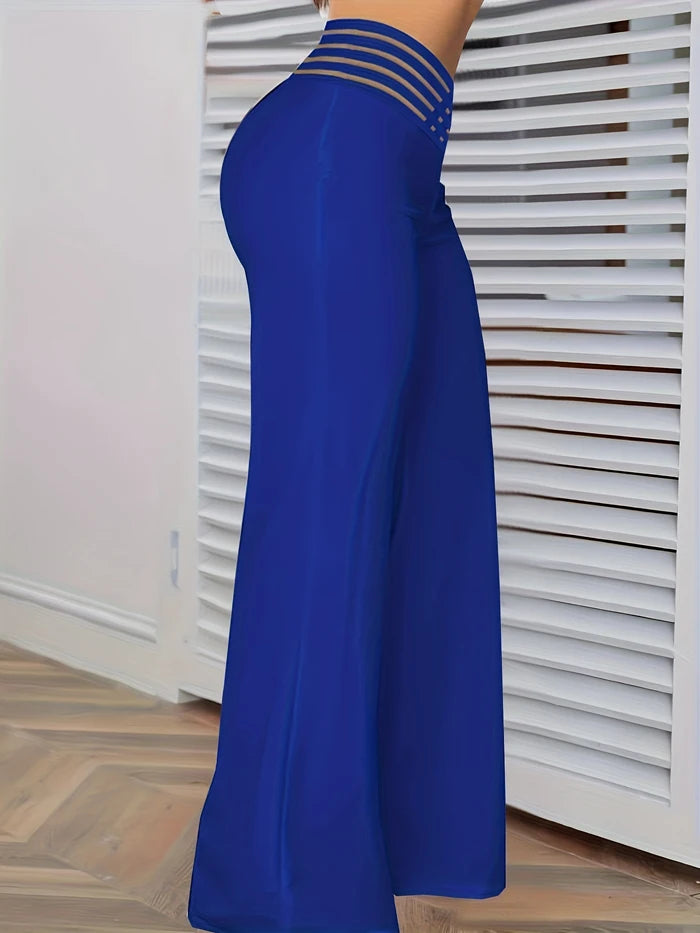 Pantalon évasé à jambes larges pour femmes, pantalon de travail, streetwear élégant, patch en maille transparente entrecroisée, taille haute, décontracté, FJK, nouveau, 2024, Y2K