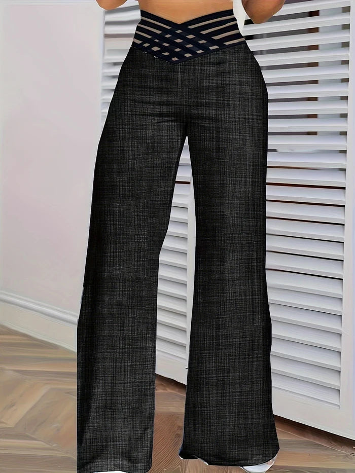 Pantalon évasé à jambes larges pour femmes, pantalon de travail, streetwear élégant, patch en maille transparente entrecroisée, taille haute, décontracté, FJK, nouveau, 2024, Y2K