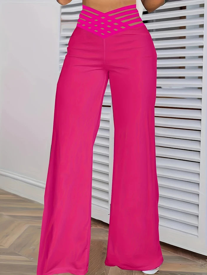 Pantalon évasé à jambes larges pour femmes, pantalon de travail, streetwear élégant, patch en maille transparente entrecroisée, taille haute, décontracté, FJK, nouveau, 2024, Y2K