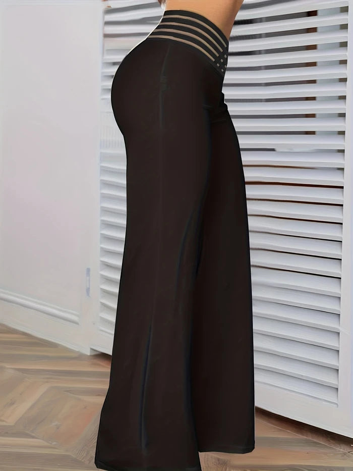Pantalon évasé à jambes larges pour femmes, pantalon de travail, streetwear élégant, patch en maille transparente entrecroisée, taille haute, décontracté, FJK, nouveau, 2024, Y2K