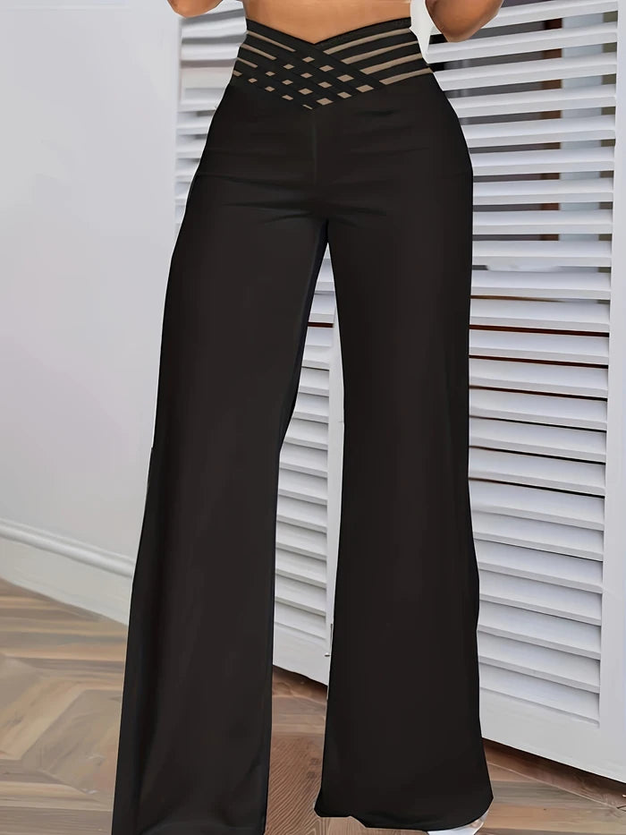 Pantalon évasé à jambes larges pour femmes, pantalon de travail, streetwear élégant, patch en maille transparente entrecroisée, taille haute, décontracté, FJK, nouveau, 2024, Y2K