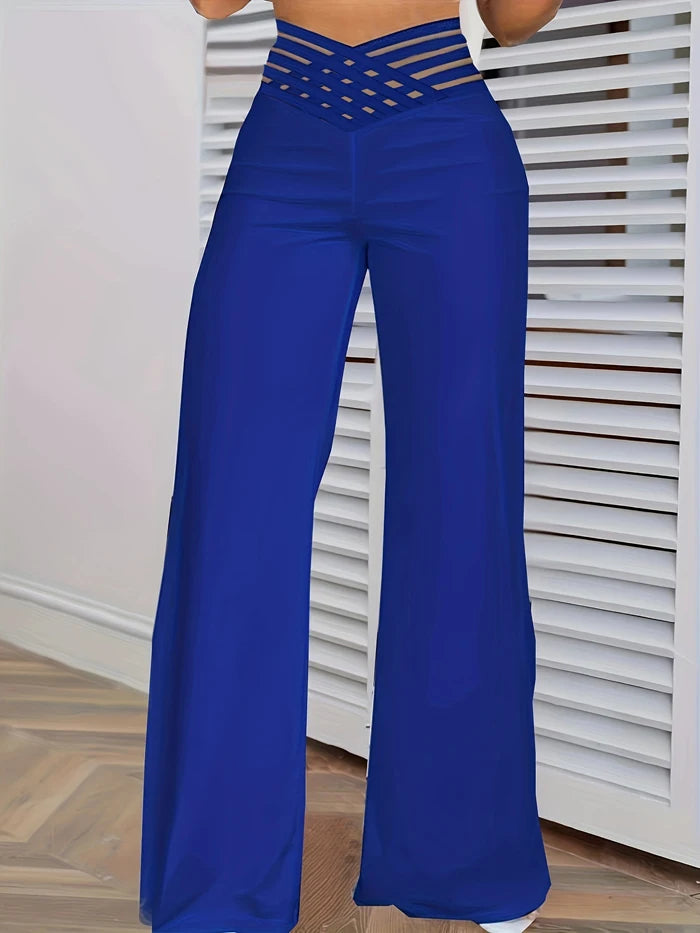 Pantalon évasé à jambes larges pour femmes, pantalon de travail, streetwear élégant, patch en maille transparente entrecroisée, taille haute, décontracté, FJK, nouveau, 2024, Y2K