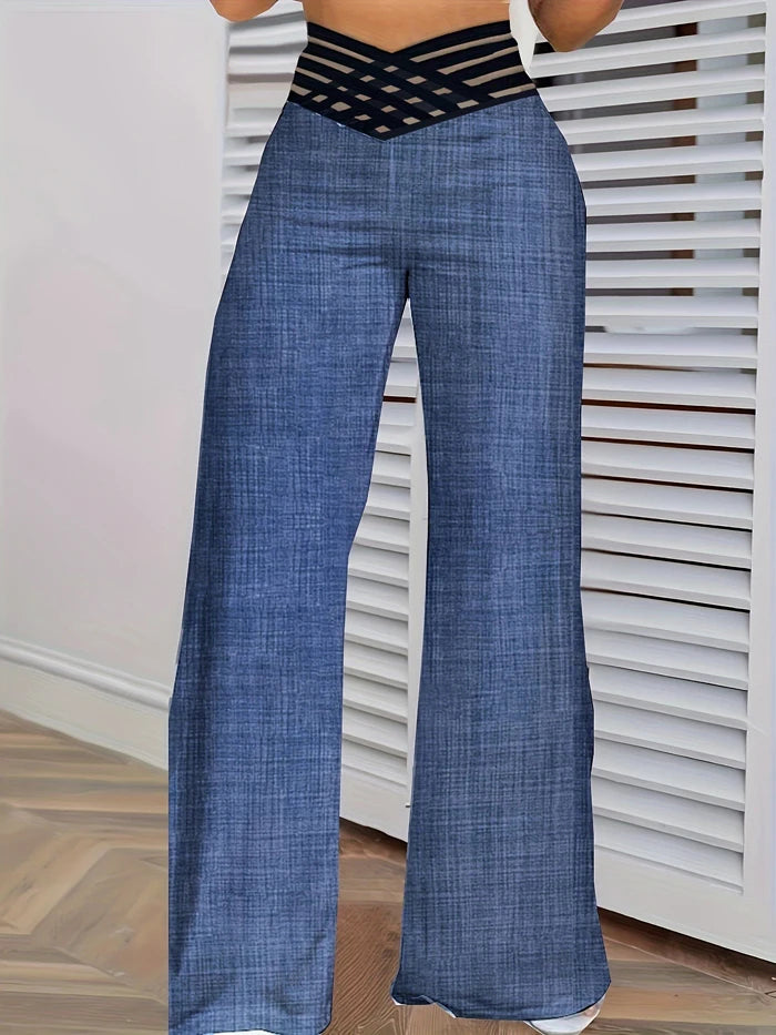 Pantalon évasé à jambes larges pour femmes, pantalon de travail, streetwear élégant, patch en maille transparente entrecroisée, taille haute, décontracté, FJK, nouveau, 2024, Y2K