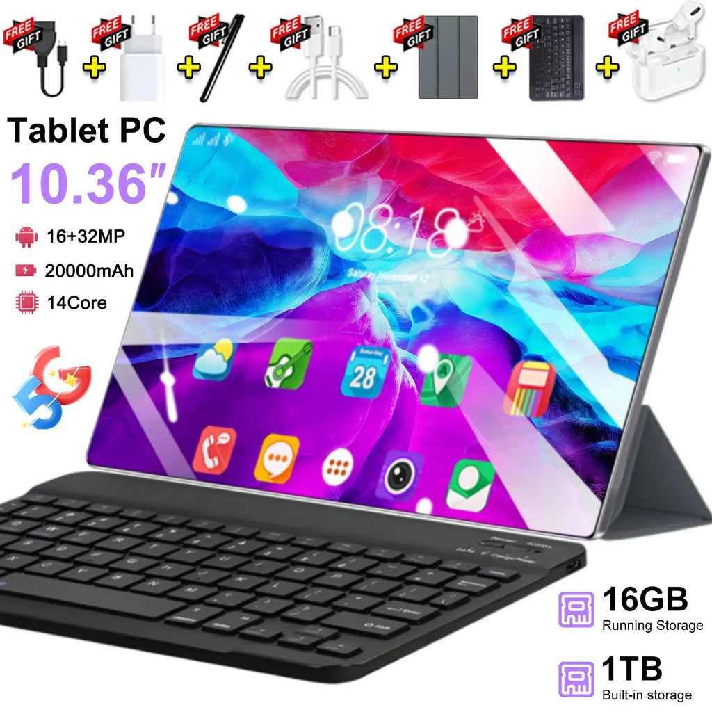 Nouvelle tablette mondiale 5G 2026 de 10,36 pouces, Android 13, 16 Go, 1 To, 20000 mAh, 4K HD, Wi-Fi 5G, Bluetooth, WPS