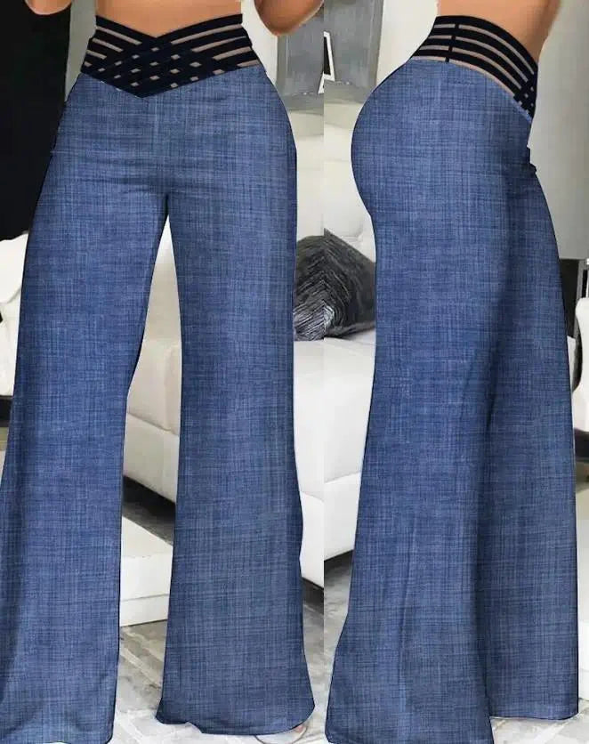 Pantalon évasé à jambes larges pour femmes, pantalon de travail, streetwear élégant, patch en maille transparente entrecroisée, taille haute, décontracté, FJK, nouveau, 2024, Y2K