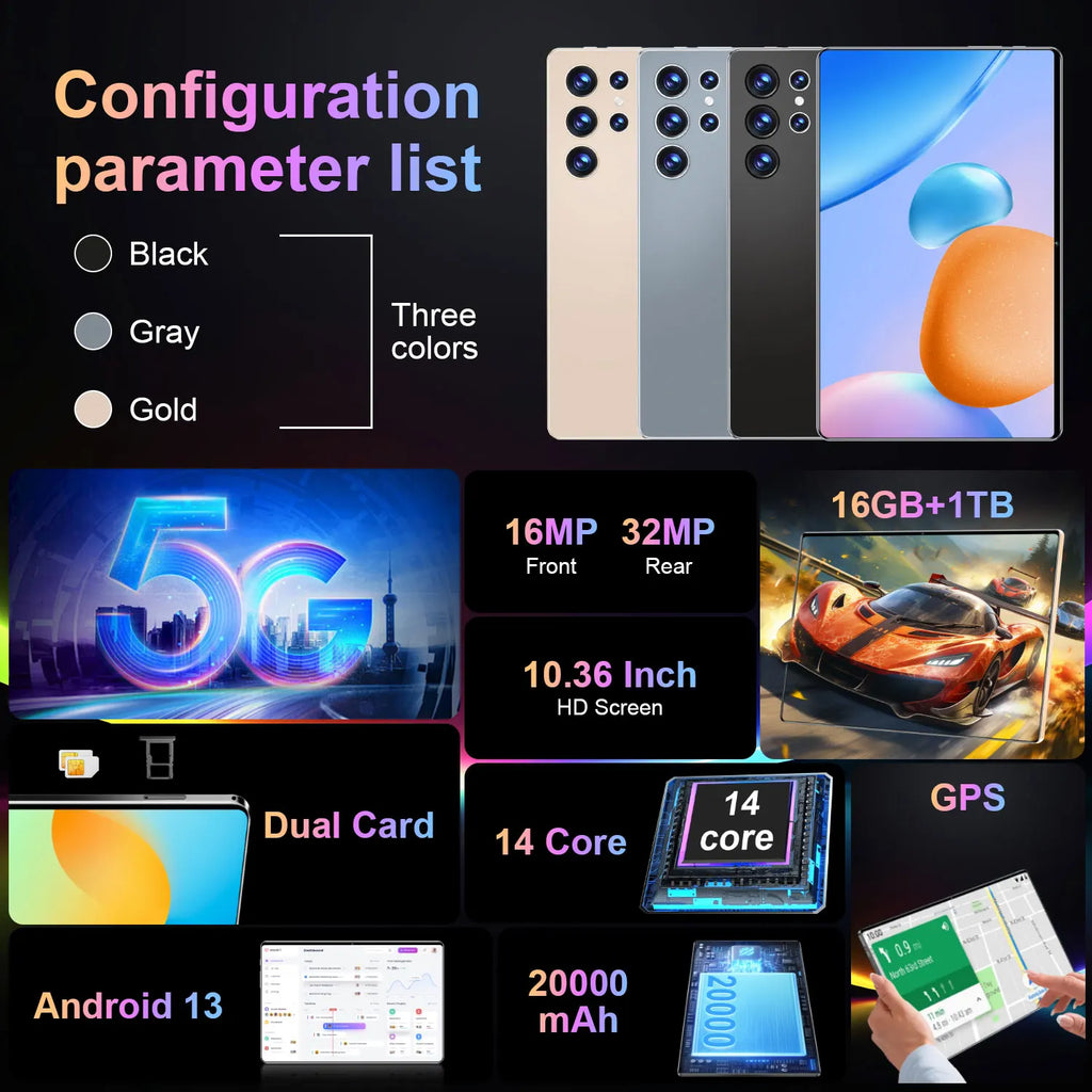 Nouvelle tablette mondiale 5G 2026 de 10,36 pouces, Android 13, 16 Go, 1 To, 20000 mAh, 4K HD, Wi-Fi 5G, Bluetooth, WPS