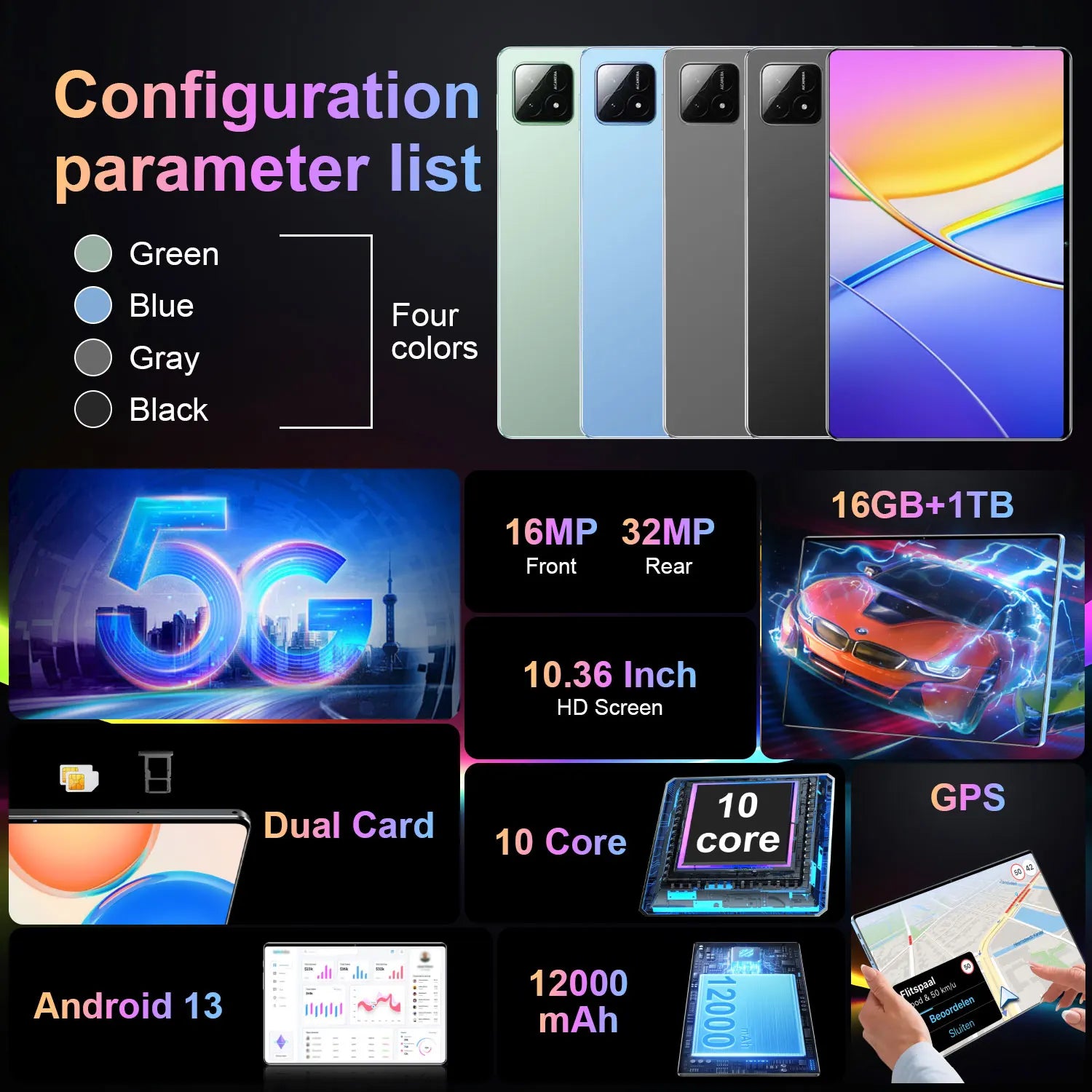 Nouvelle tablette mondiale 5G 2026 de 10,36 pouces, Android 13, 16 Go, 1 To, 20000 mAh, 4K HD, Wi-Fi 5G, Bluetooth, WPS