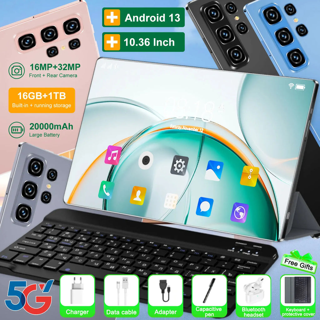 Nouvelle tablette Android 13.0 5G 2026, 14 cœurs, 20000 mAh, écran HD 10,36 pouces, caméra 16MP + 32MP, 16 Go de RAM + 1 To de ROM, double SIM, Bluetooth, GPS, WPS Office, Type-C
