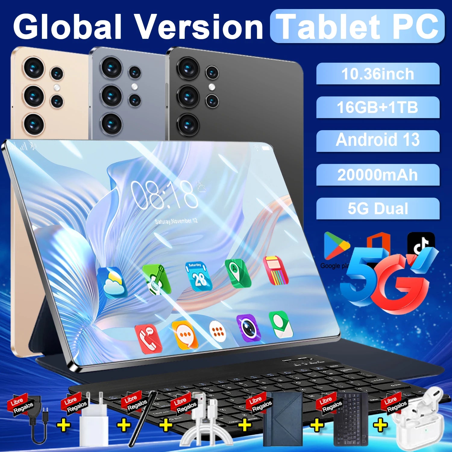 Tablette Android 13 20000mAh, nouvelle version mondiale, 10,36 pouces, 16 Go, 1 To, 14 cœurs, 4K HD, 5G WIFI, Bluetooth