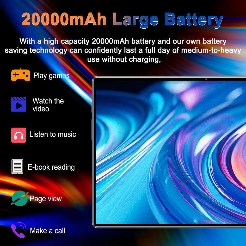 Nouvelle tablette Android 13.0 5G 2026, 14 cœurs, 20000 mAh, écran HD 10,36 pouces, caméra 16MP + 32MP, 16 Go de RAM + 1 To de ROM, double SIM, Bluetooth, GPS, WPS Office, Type-C