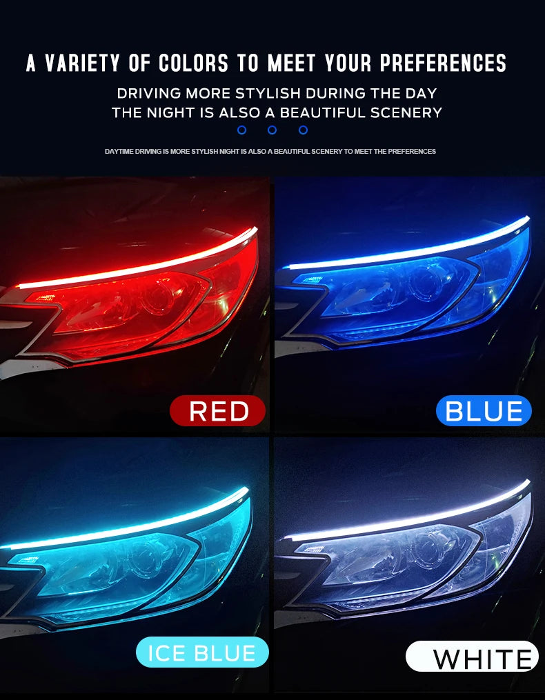2 pièces LED DRL voiture feux de jour bande Flexible étanche phares automatiques blanc clignotant jaune feux de débit de frein 12V