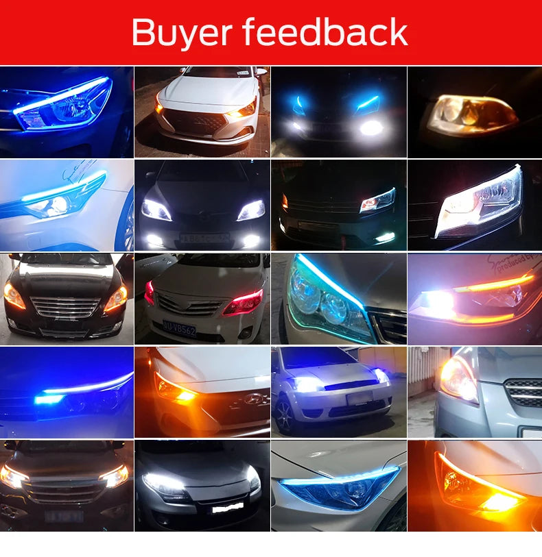 2 pièces LED DRL voiture feux de jour bande Flexible étanche phares automatiques blanc clignotant jaune feux de débit de frein 12V