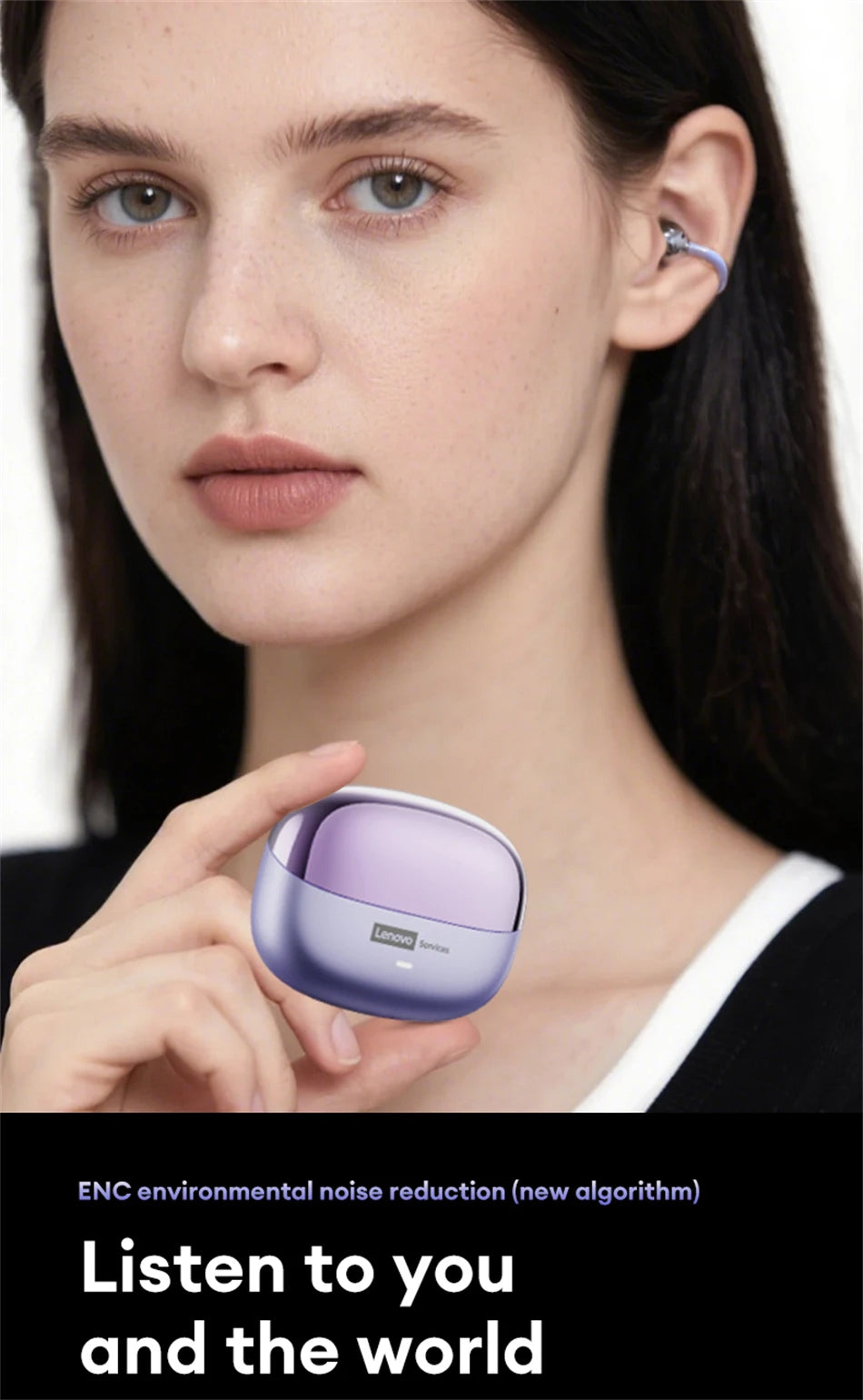 Casque sans fil Bluetooth 6.0 Lenovo LE302, longue durée de vie de la batterie, écouteurs sportifs à clip d'oreille, écouteurs stéréo HIFI à réduction de bruit