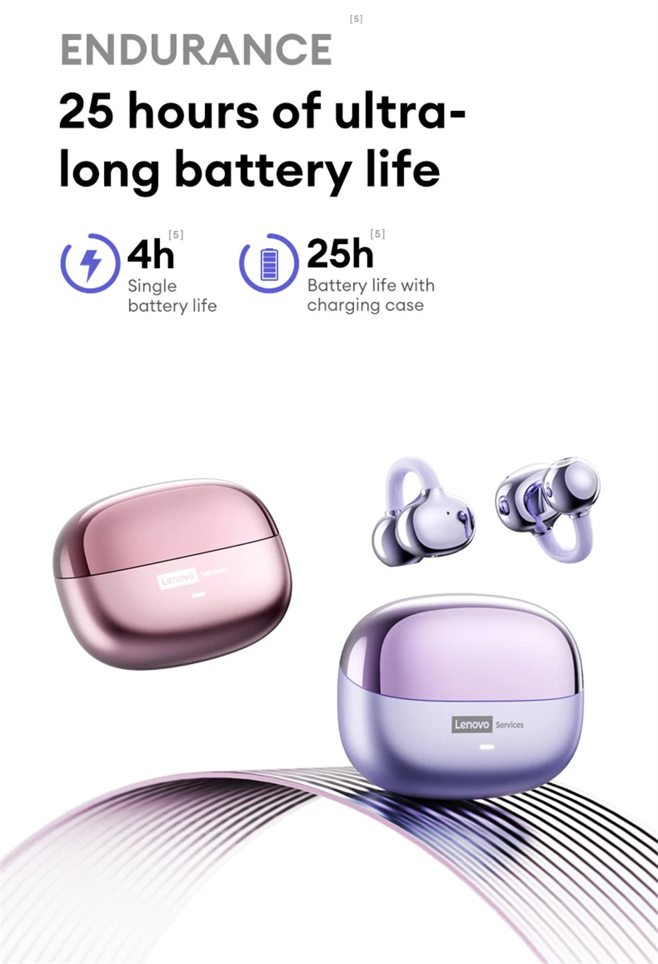 Casque sans fil Bluetooth 6.0 Lenovo LE302, longue durée de vie de la batterie, écouteurs sportifs à clip d'oreille, écouteurs stéréo HIFI à réduction de bruit