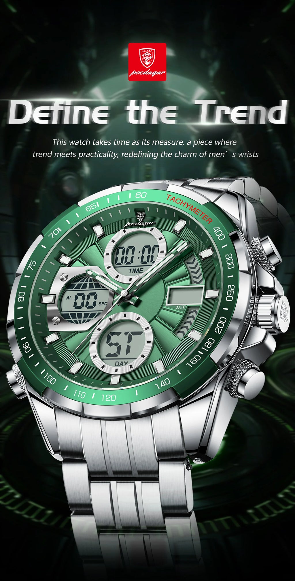 Montre-bracelet homme POEDAGAR, étanche, électronique, LED, affichage double heure, numérique, acier inoxydable, montre à quartz pour homme, Reloj