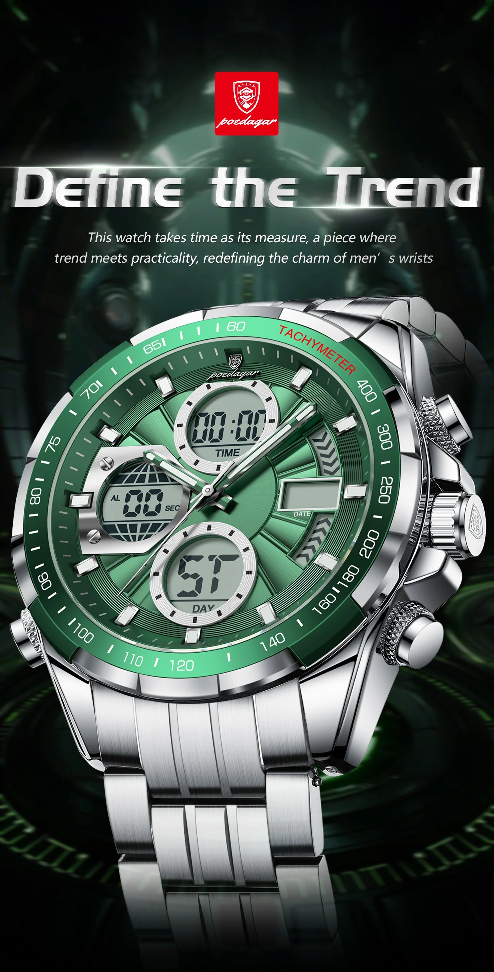 Montre-bracelet homme POEDAGAR, étanche, électronique, LED, affichage double heure, numérique, acier inoxydable, montre à quartz pour homme, Reloj