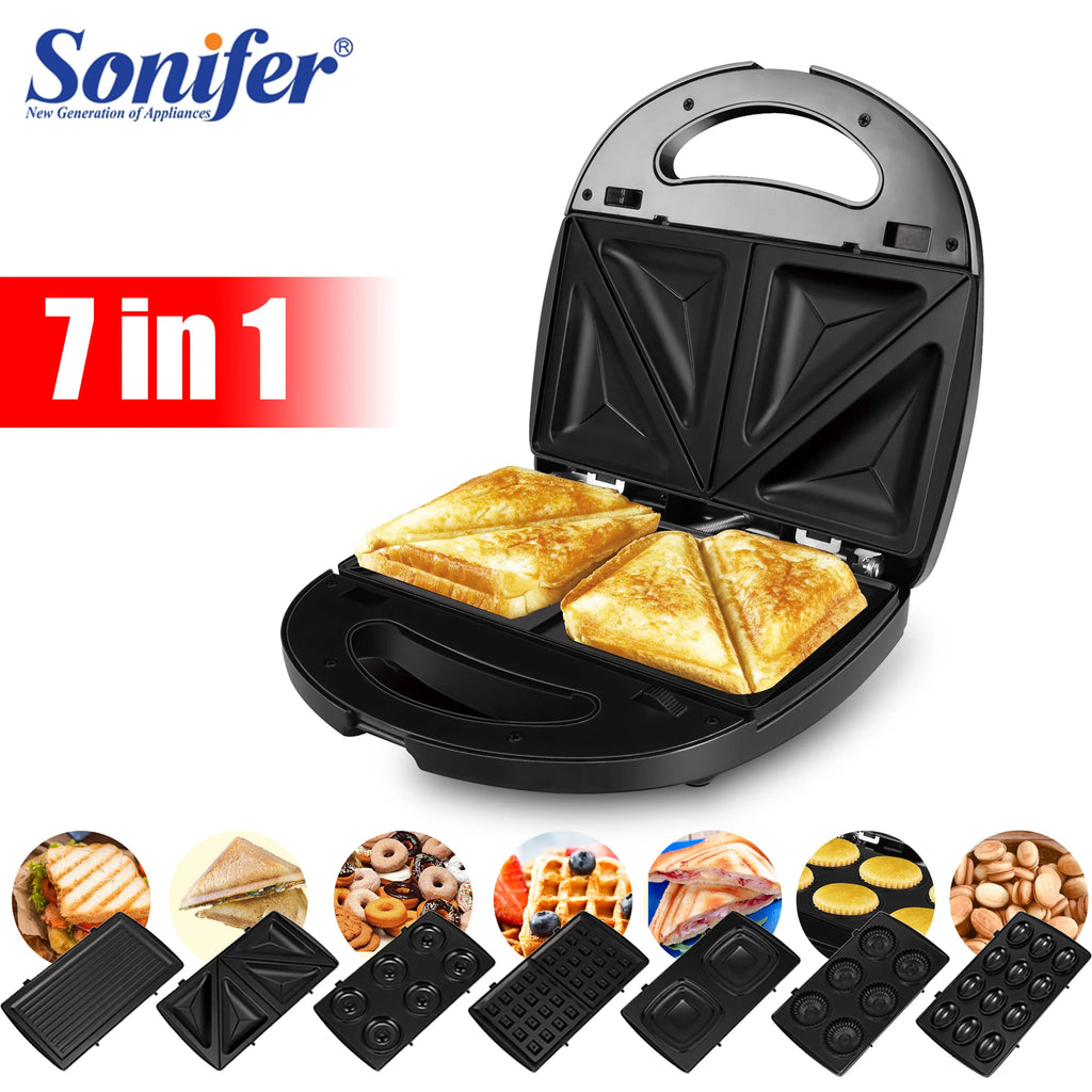 Gaufrier électrique 7 en 1, Grill, Sandwich, gâteau, donuts, noix, Panini, plaque de cuisson, appareils de cuisine, grille-pain, petit déjeuner