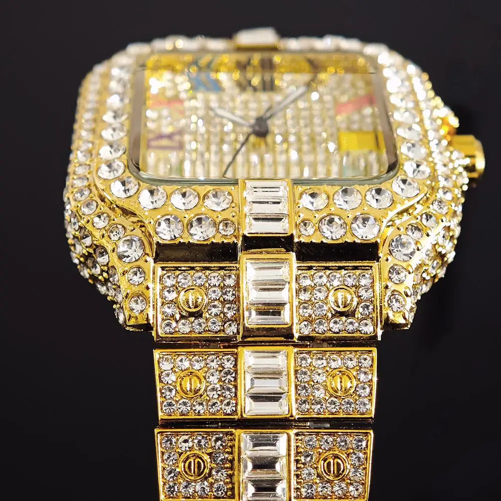 UNIGUET luxe diamant montre à Quartz pour hommes cadran arc-en-ciel calendrier Hip Hop glacé or montre-bracelet hommes accessoire de mode 2025