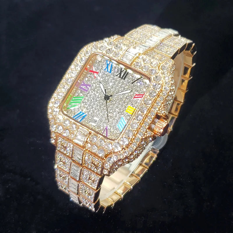 UNIGUET luxe diamant montre à Quartz pour hommes cadran arc-en-ciel calendrier Hip Hop glacé or montre-bracelet hommes accessoire de mode 2025