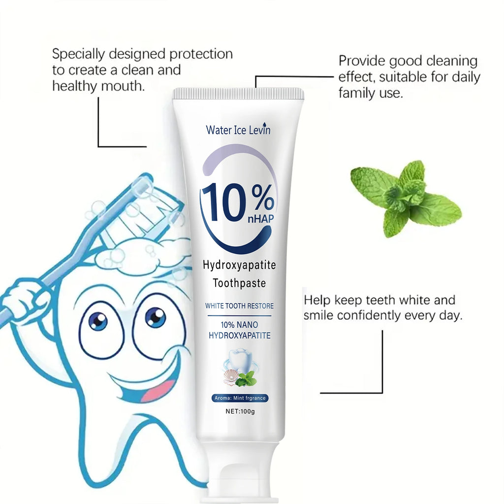 Le dentifrice nano hydroxyapatite 10% restaure les dents blanches. Protege les gencives. Nettoyage en profondeur. Éclairez le sourire. 100 g de menthe fraîche.