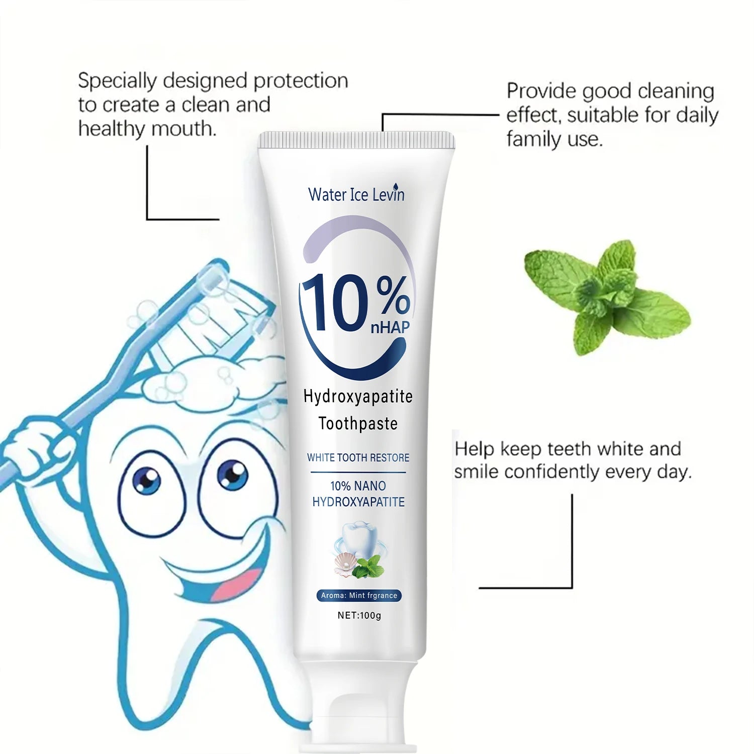 Le dentifrice nano hydroxyapatite 10% restaure les dents blanches. Protege les gencives. Nettoyage en profondeur. Éclairez le sourire. 100 g de menthe fraîche.