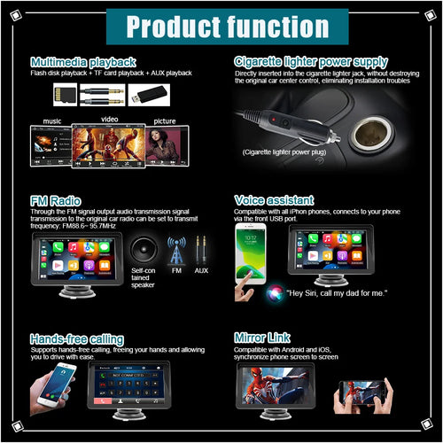 Autoradio 7 pouces lecteur vidéo multimédia sans fil Carplay et sans fil Android Auto Portable GPS Navi écran tactile universel