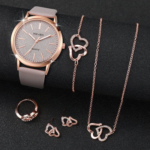 6 pièces/ensemble mode cadran givré montre à Quartz pour femmes bracelet en cuir montres coeur ensemble de bijoux (sans boîte)