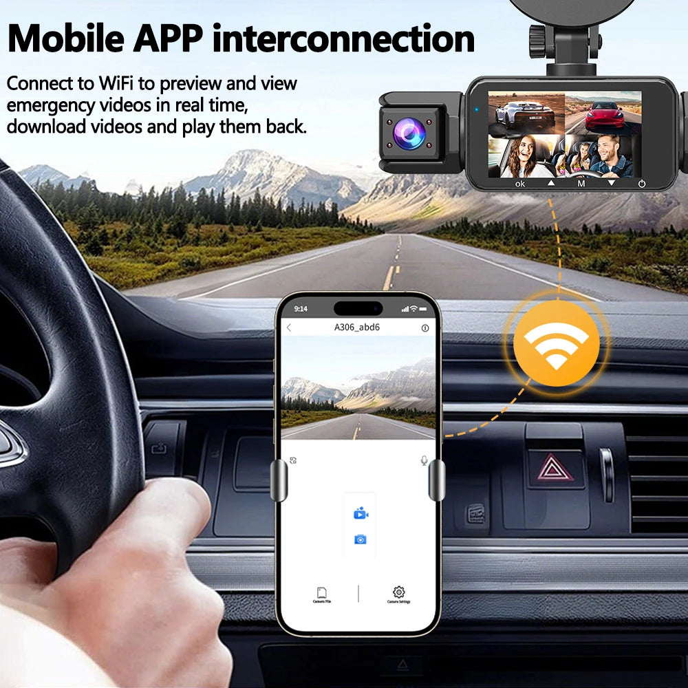 Dashcam 4 canaux wifi voiture dvr caméras de tableau de bord pour voiture mode de stationnement de boîte arrière 24h intérieur avant et arrière 360 dash cam