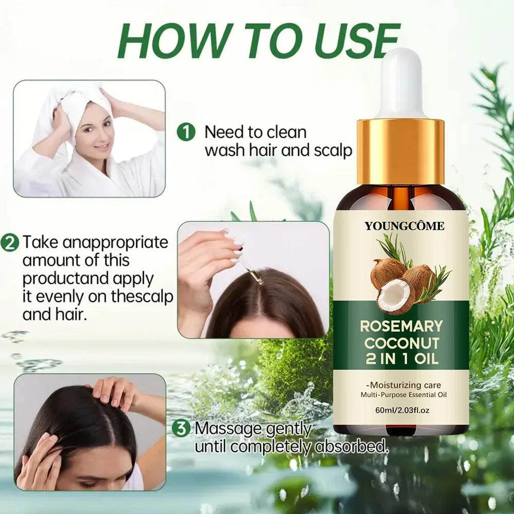 Huile essentielle de romarin et d'huile de noix de coco pour améliorer la perte de cheveux et nourrir, renforcer les racines des cheveux, traitement du cuir chevelu, soins capillaires