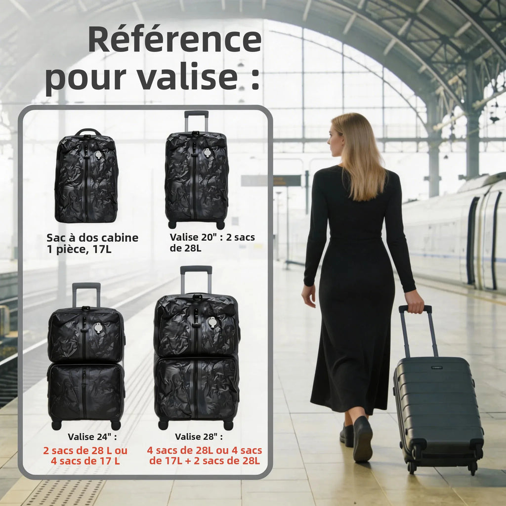 Sacs de rangement sous vide 28L pour le voyage, sacs de compression gain de place pour valise, sacs d'emballage essentiels pour vêtements et couvertures