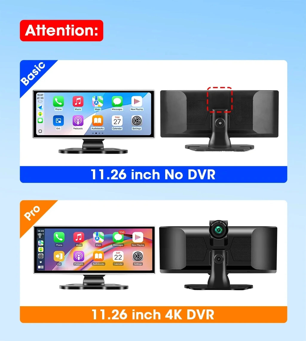 Srnubi 11.26 pouces 4K Dash Cam sans fil CarPlay et Android Auto Portable voiture DVR systèmes intelligents enregistreur vidéo GPS Navigation