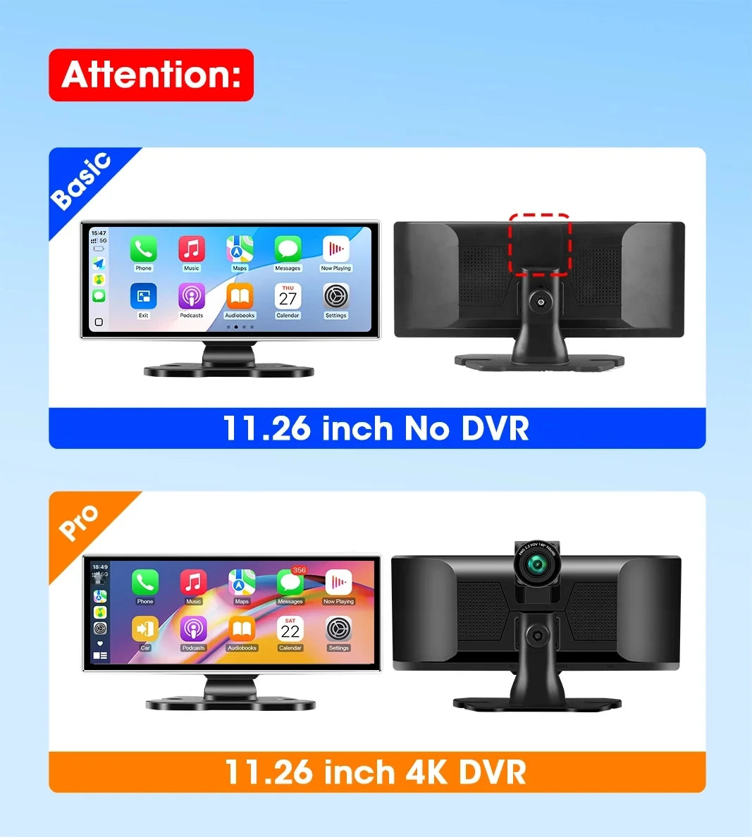 Srnubi 11.26 pouces 4K Dash Cam sans fil CarPlay et Android Auto Portable voiture DVR systèmes intelligents enregistreur vidéo GPS Navigation