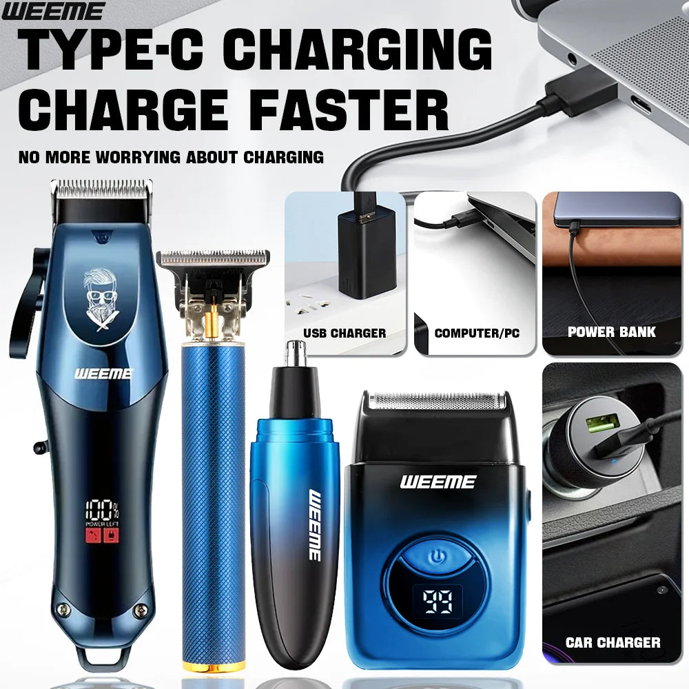 WEEME Ensemble de tondeuse à cheveux électrique 4 en 1 pour homme – Kit de rasoir tondeuse à cheveux sans fil rechargeable avec outils de toilettage du nez et des oreilles