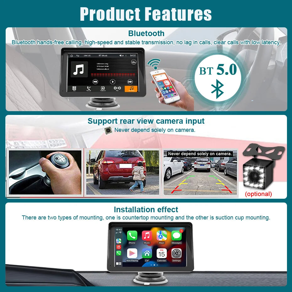 Autoradio 7 pouces lecteur vidéo multimédia sans fil Carplay et sans fil Android Auto Portable GPS Navi écran tactile universel