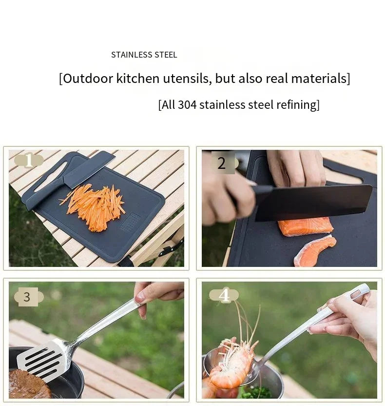 Ensemble d'ustensiles de voyage 8 pièces Livré avec un ensemble complet d'ustensiles de cuisine épais Kit de rangement Couverts Fournitures de camping portables Outils