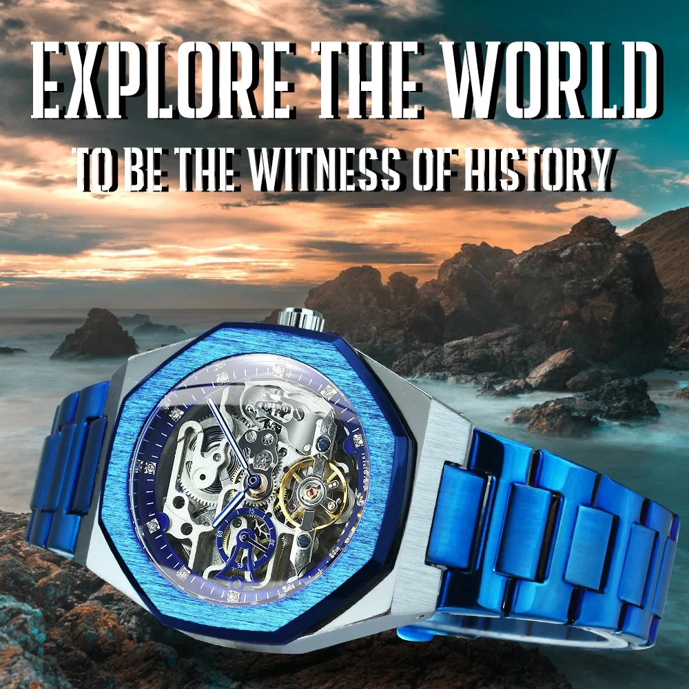 Forsining montre mécanique automatique décontractée pour hommes aiguilles lumineuses bracelet en acier inoxydable mode luxe squelette montres pour hommes
