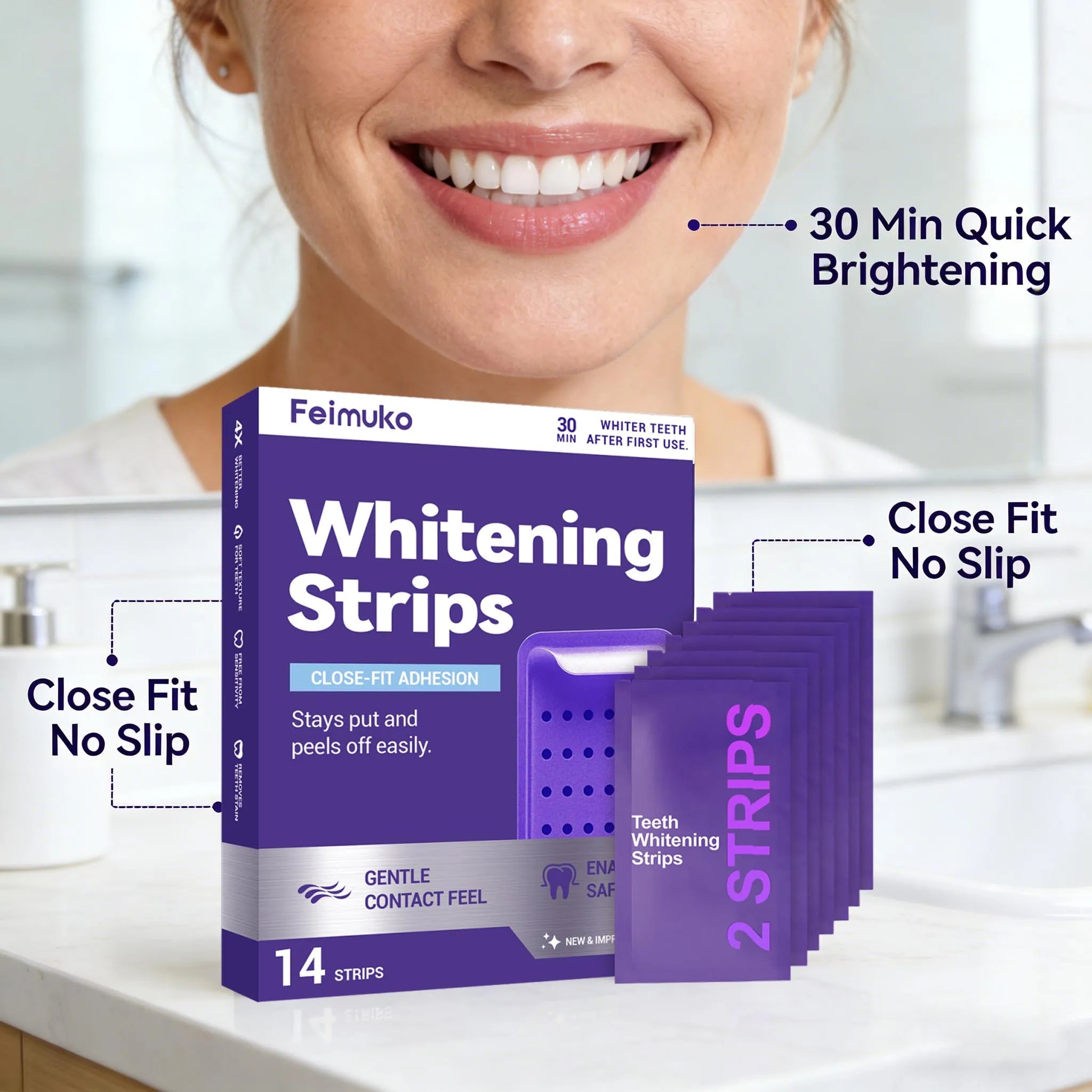 Bandes blanchissantes violettes pour les dents – Hygiène buccale, haleine fraîche mentholée, éclaircissement des dents, soin buccal durable, patchs blanchissants pour les dents