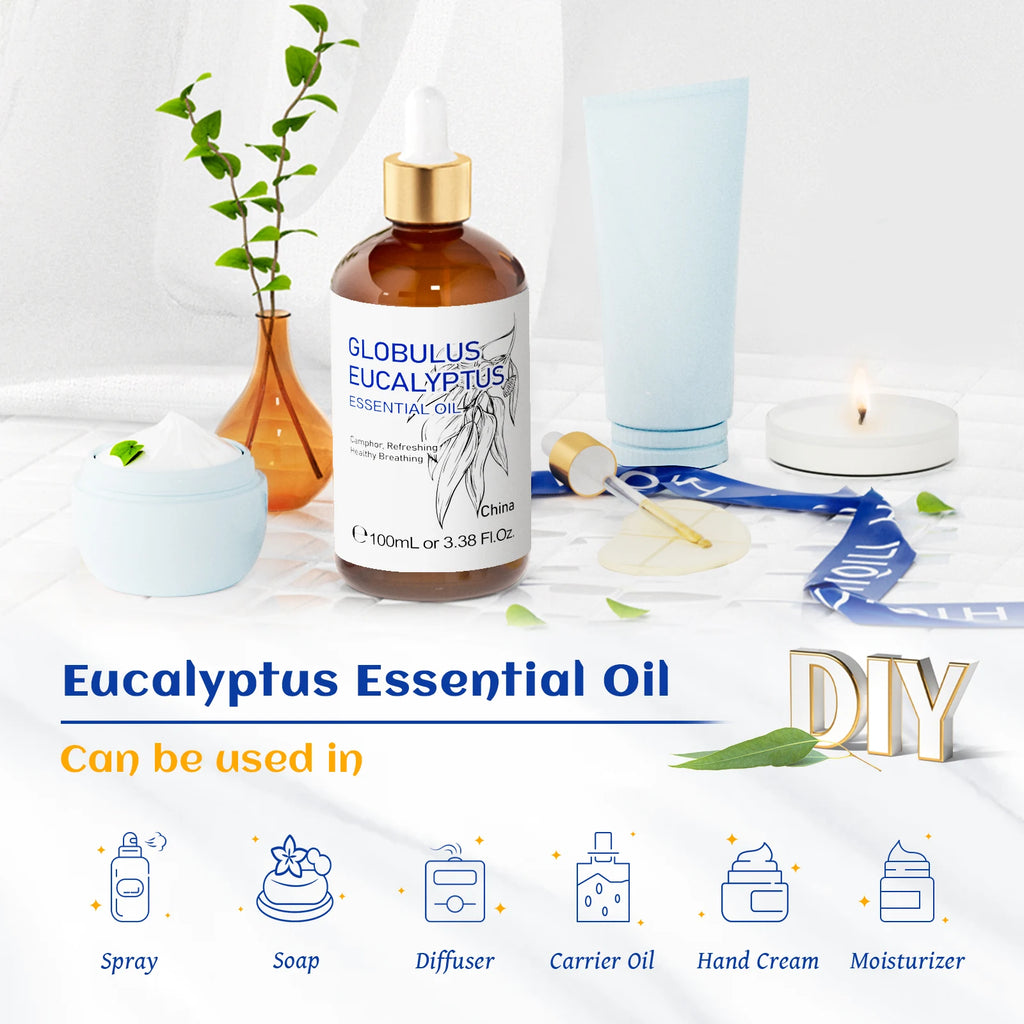 HIQILI Huile essentielle d'eucalyptus 100 ml, huile essentielle d'eucalyptus pour humidificateur et aromathérapie, 100 % naturelle, parfum d'ambiance pour la maison