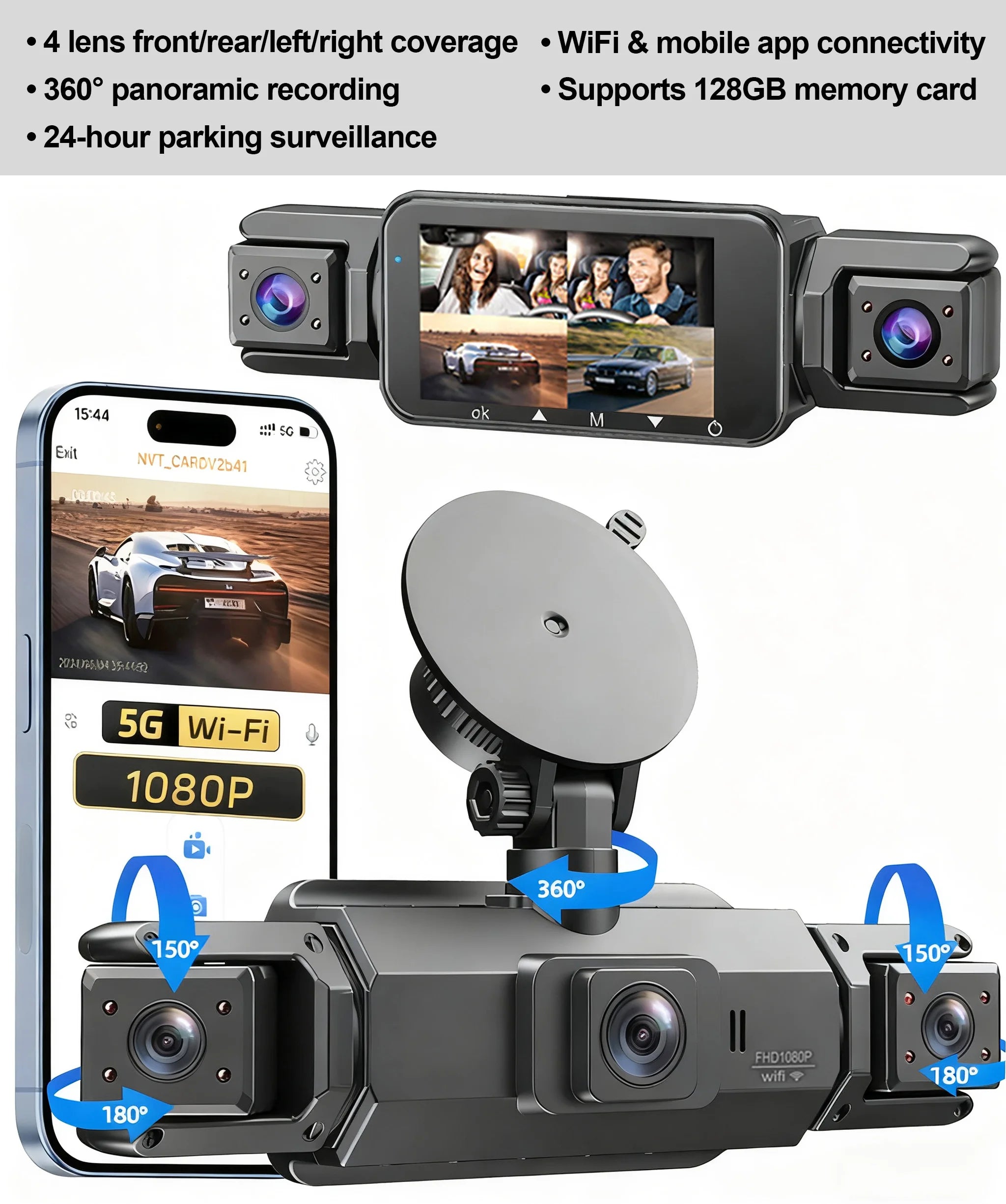 Dashcam 4 canaux wifi voiture dvr caméras de tableau de bord pour voiture mode de stationnement de boîte arrière 24h intérieur avant et arrière 360 dash cam