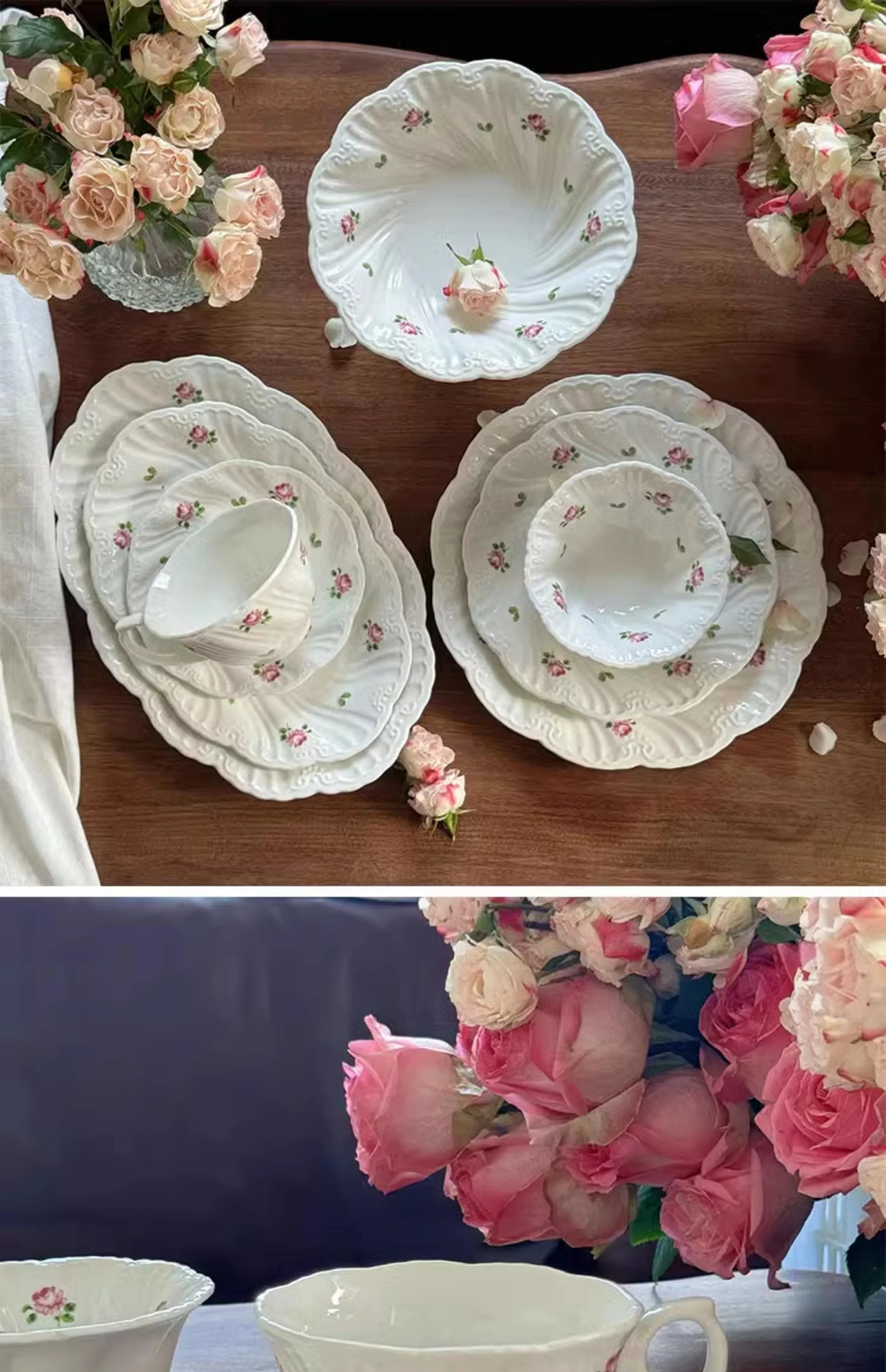Ensemble d'assiettes en céramique vintage rose, tasse à café, beau, britannique, fournitures de cuisine, dessert, thé, cadeau