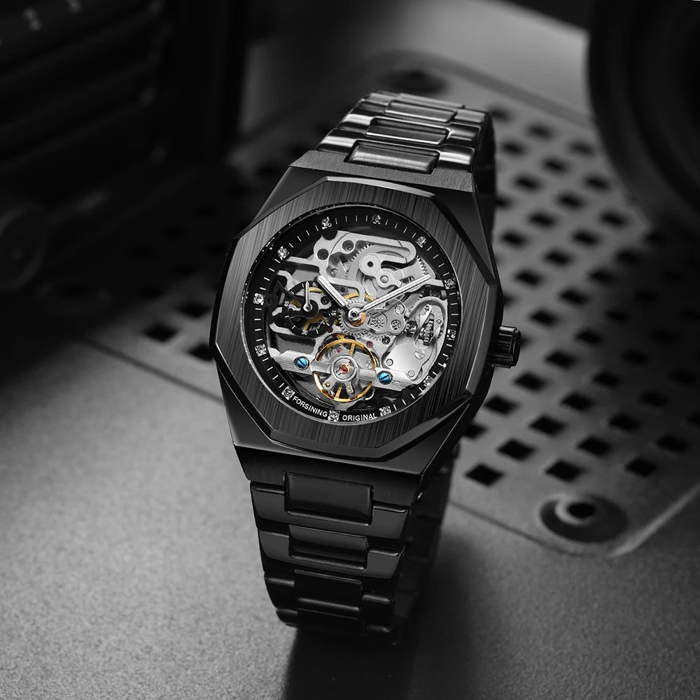 Forsining montre mécanique automatique décontractée pour hommes aiguilles lumineuses bracelet en acier inoxydable mode luxe squelette montres pour hommes