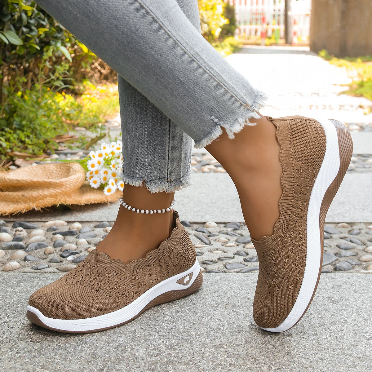 Chaussures orthopédiques pour femmes, chaussures de marche en tricot, respirantes, à enfiler, mocassins souples, baskets compensées antidérapantes, chaussures décontractées confortables