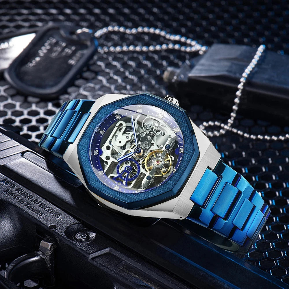 Forsining montre mécanique automatique décontractée pour hommes aiguilles lumineuses bracelet en acier inoxydable mode luxe squelette montres pour hommes