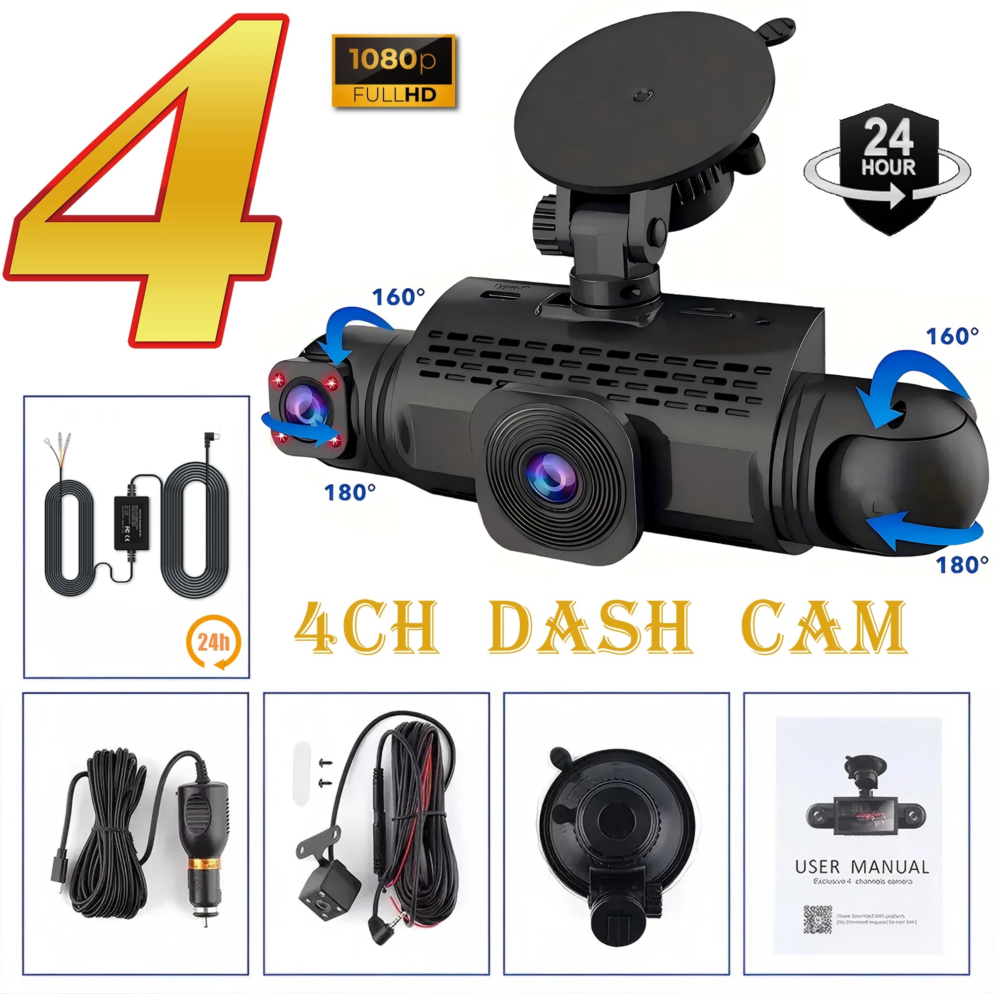 Caméra de tableau de bord de voiture 4 canaux boîte noire caméra de conduite FHD 1080P avant gauche droite arrière Vision nocturne enregistrement en boucle ajouter kit de fil dur