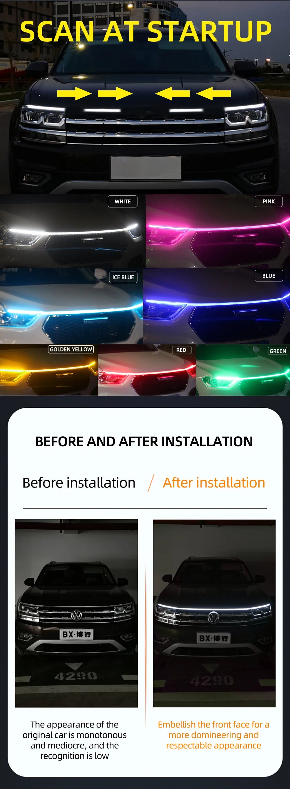 RXZ LED feux de jour balayage démarrage capot de voiture lumières décoratives DRL Auto moteur capot Guide lampe d'ambiance décorative 12V