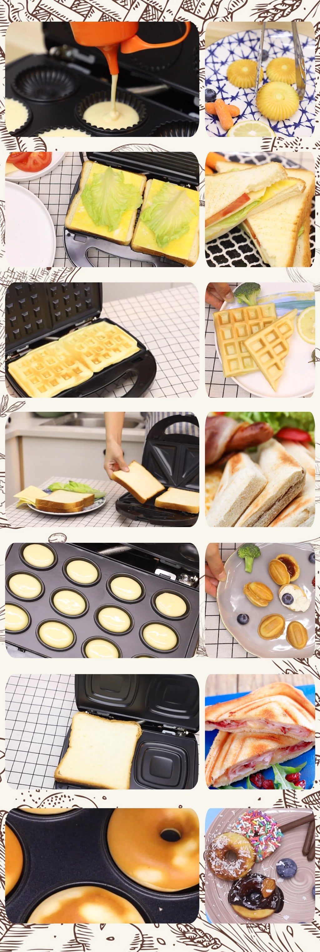 Gaufrier électrique 7 en 1, Grill, Sandwich, gâteau, donuts, noix, Panini, plaque de cuisson, appareils de cuisine, grille-pain, petit déjeuner