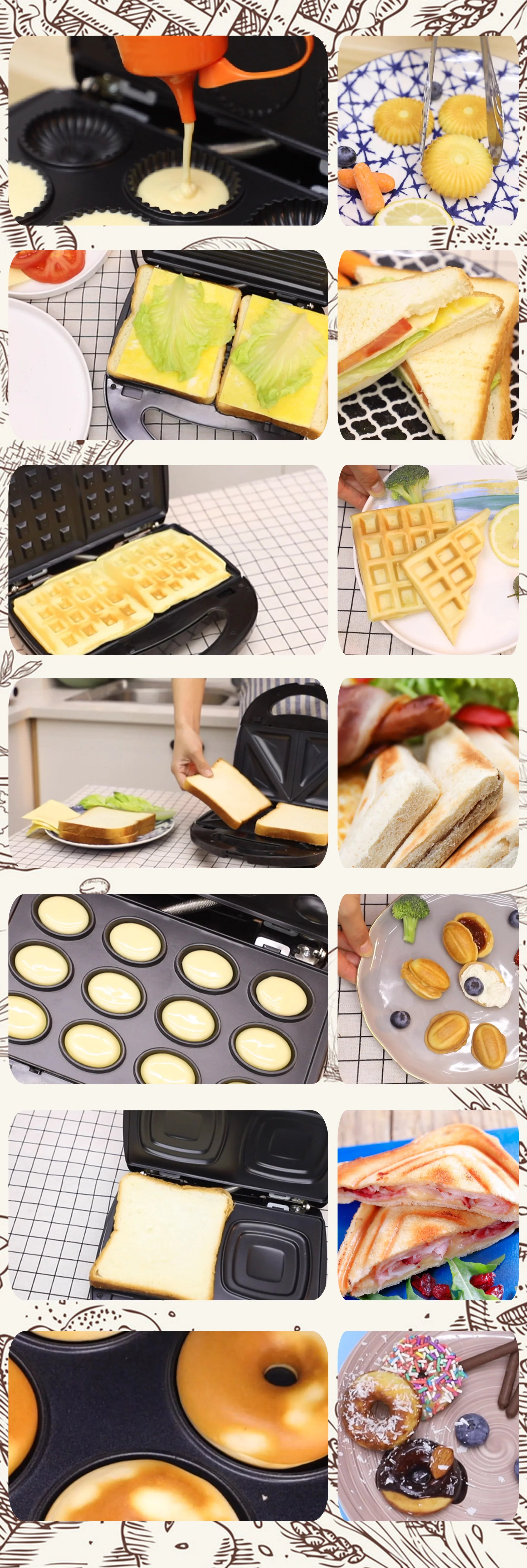Gaufrier électrique 7 en 1, Grill, Sandwich, gâteau, donuts, noix, Panini, plaque de cuisson, appareils de cuisine, grille-pain, petit déjeuner