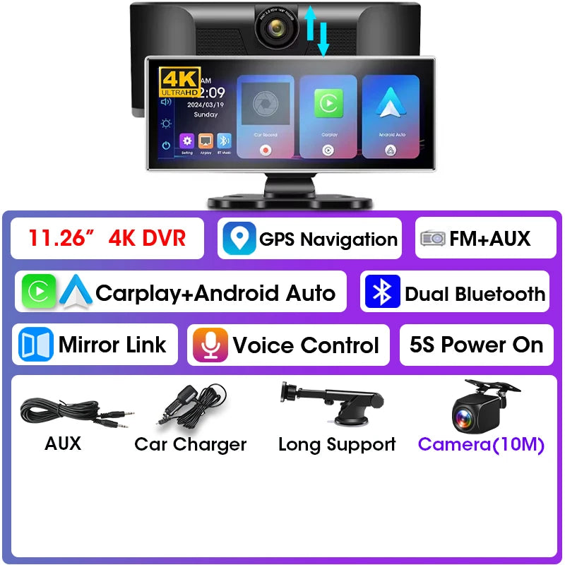 Srnubi 11.26 pouces 4K Dash Cam sans fil CarPlay et Android Auto Portable voiture DVR systèmes intelligents enregistreur vidéo GPS Navigation
