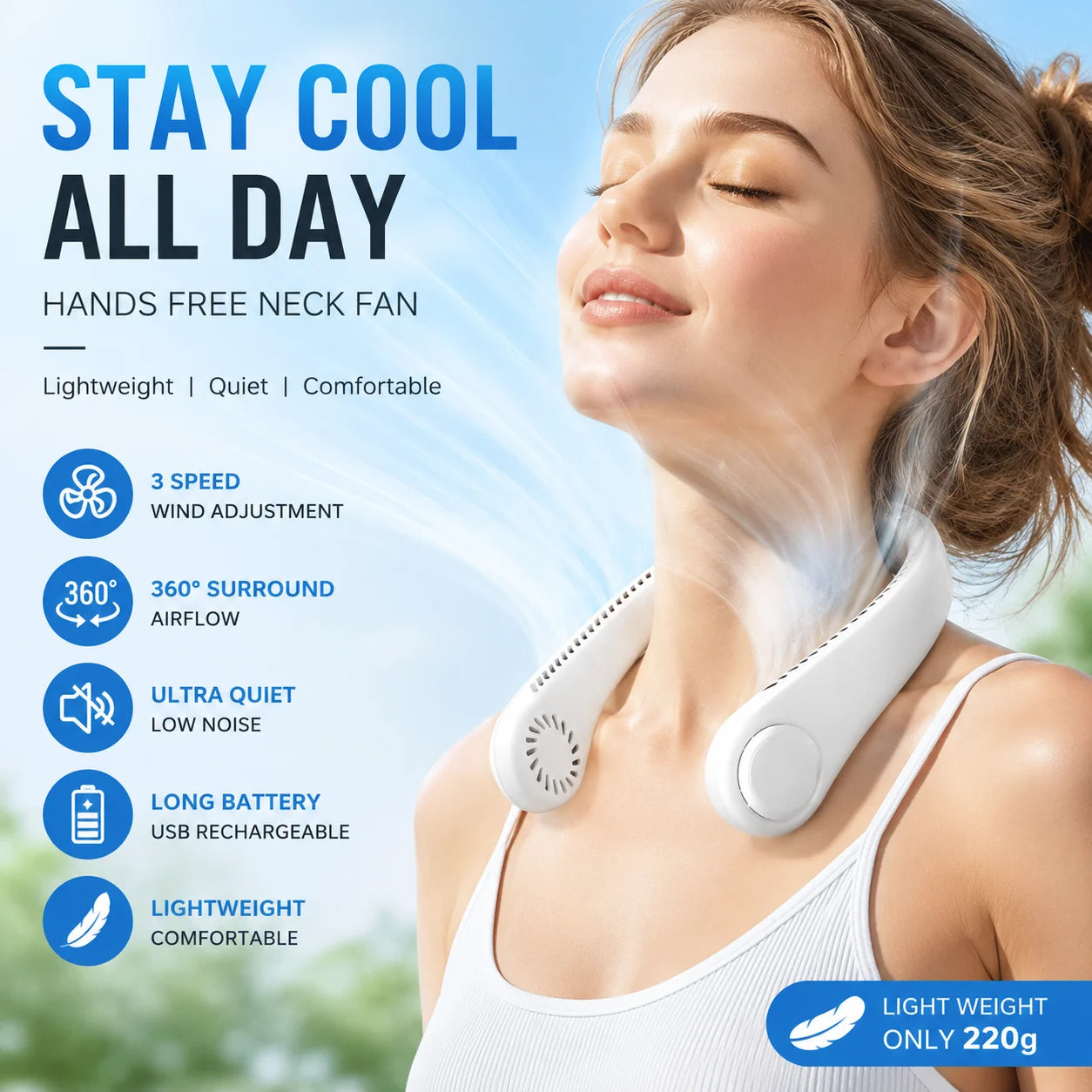 Ventilateur de cou mains libres, portable, rechargeable par USB, sans pales, silencieux, pour les voyages d'été, 3 vitesses, mini, longue autonomie