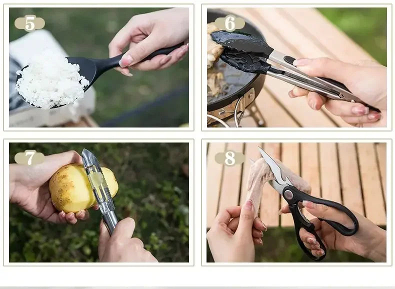 Ensemble d'ustensiles de voyage 8 pièces Livré avec un ensemble complet d'ustensiles de cuisine épais Kit de rangement Couverts Fournitures de camping portables Outils